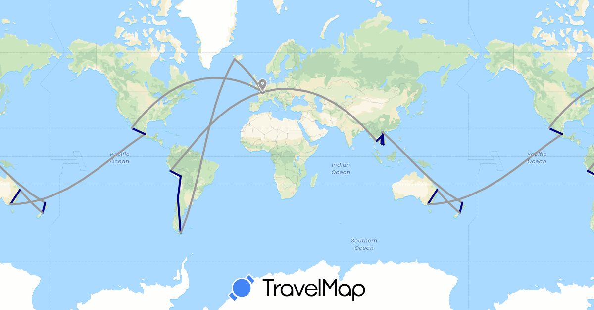 TravelMap itinerary: driving, plane in Argentina, Australia, Bolivia, Chile, France, Iceland, Cambodia, Laos, Mexico, New Zealand, Peru, Thailand, Vietnam (Asia, Europe, North America, Oceania, South America)